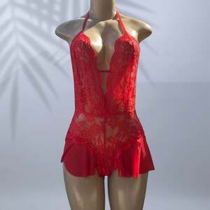 Women's Red Floral Lace Halter Neck Backless Bodysuit with Ruffle Trim Lingerie